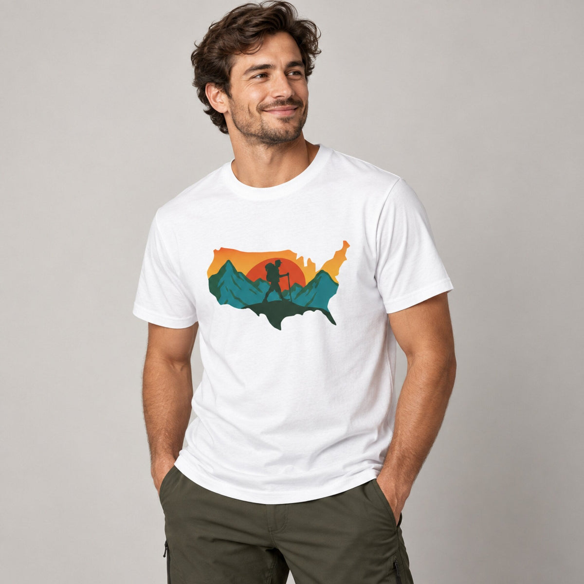 Mountain Expedition USA Map Tee — worn on model, front