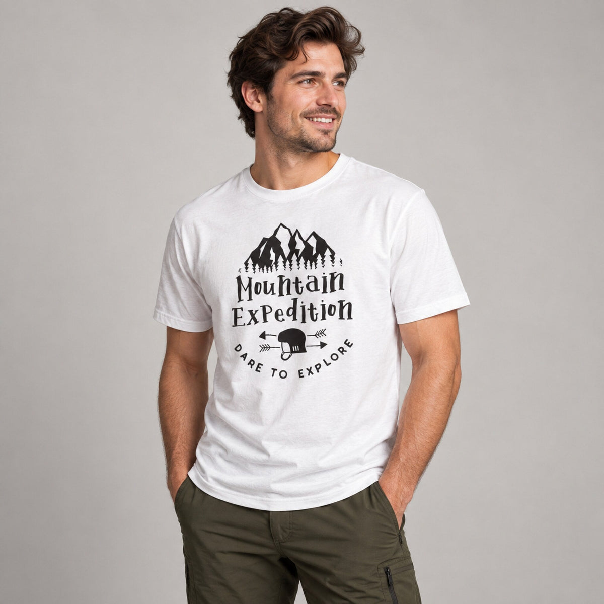 Mountain Expedition Dare To Explore Tee — worn on model, front