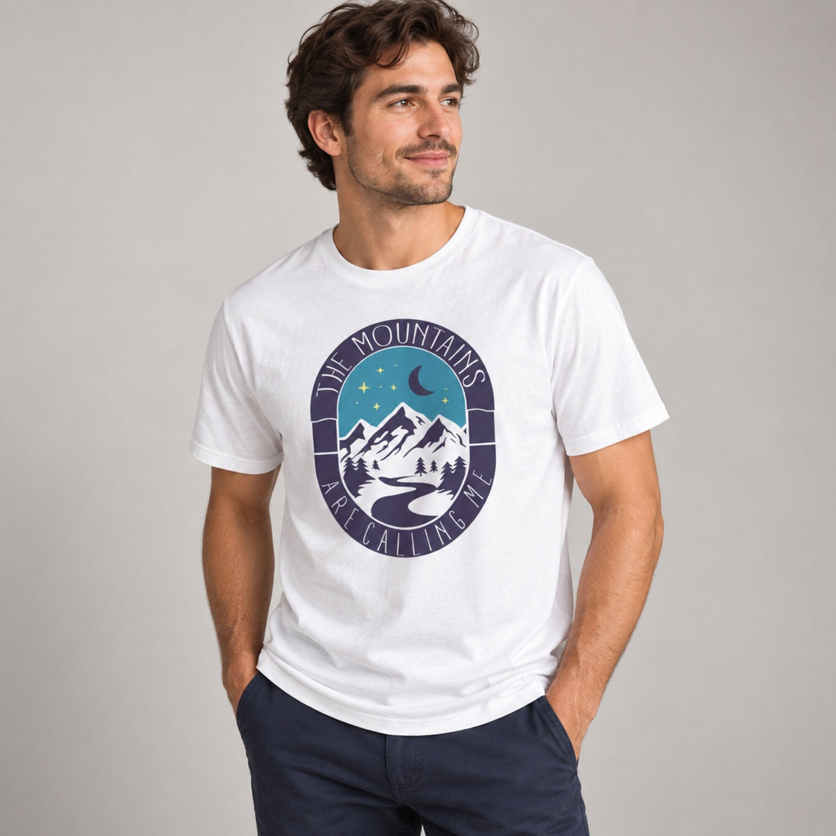 Mountains Are Calling Unisex T-Shirt — worn on model, front