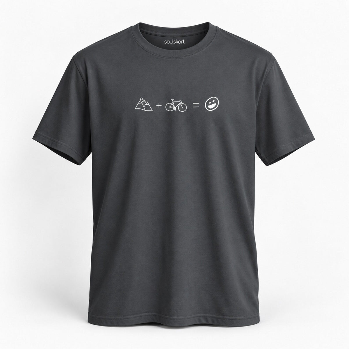 Mountains + Cycling = Happiness Unisex Printed T-Shirt — front view
