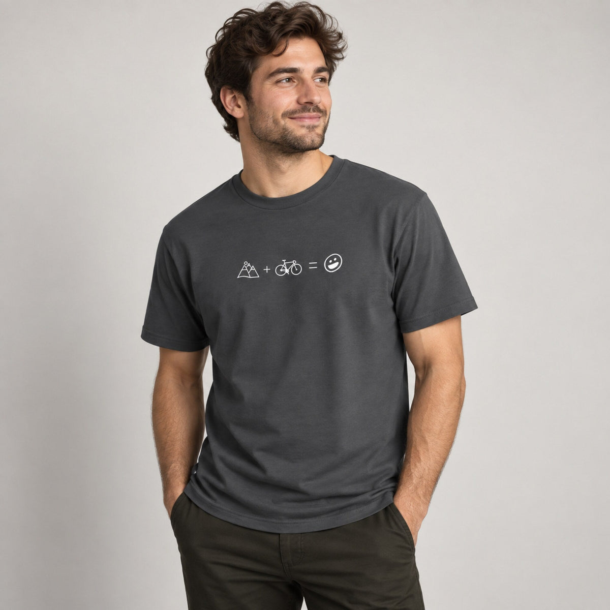 Mountains + Cycling = Happiness Unisex Printed T-Shirt — worn on model, front