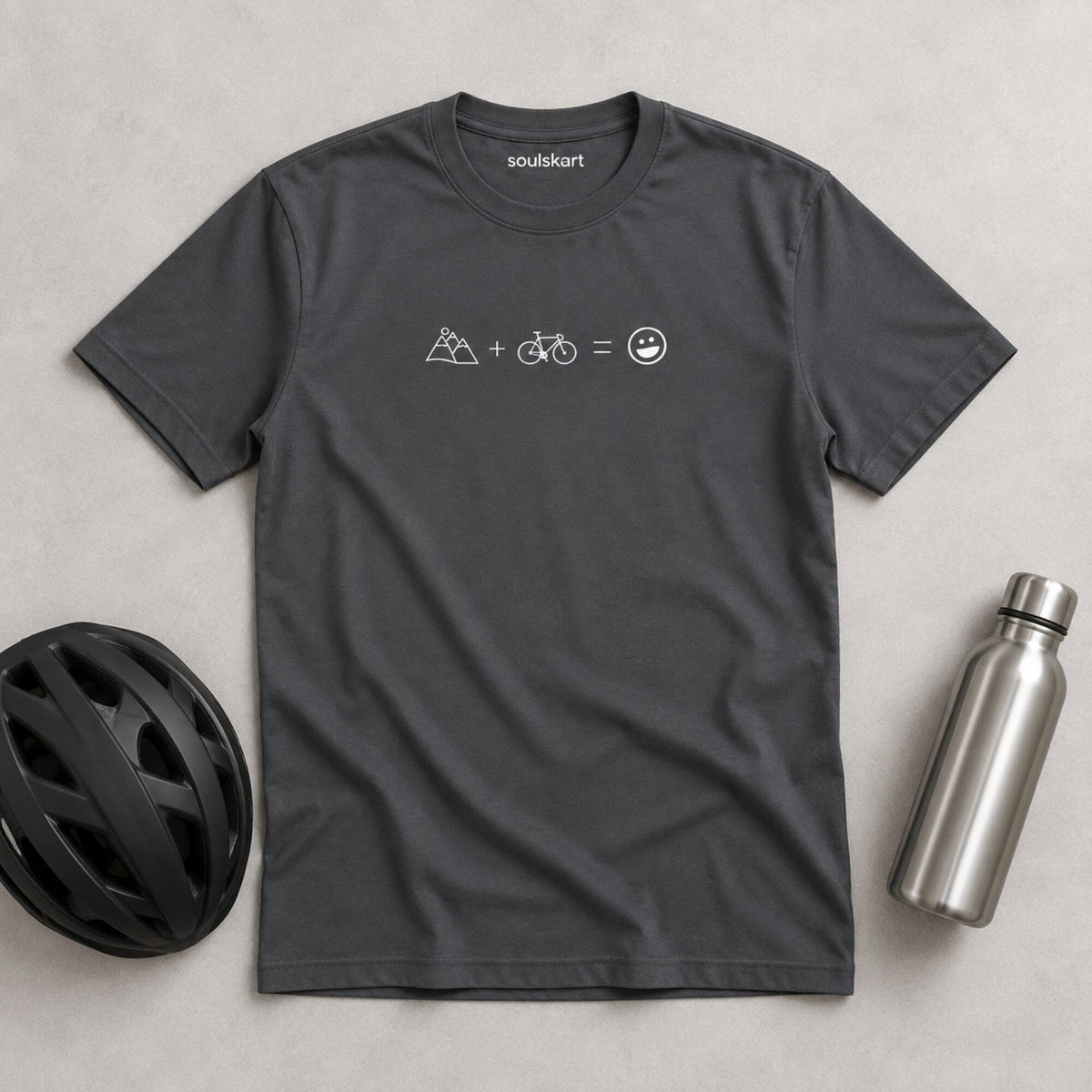 Mountains + Cycling = Happiness Unisex Printed T-Shirt — on hanger