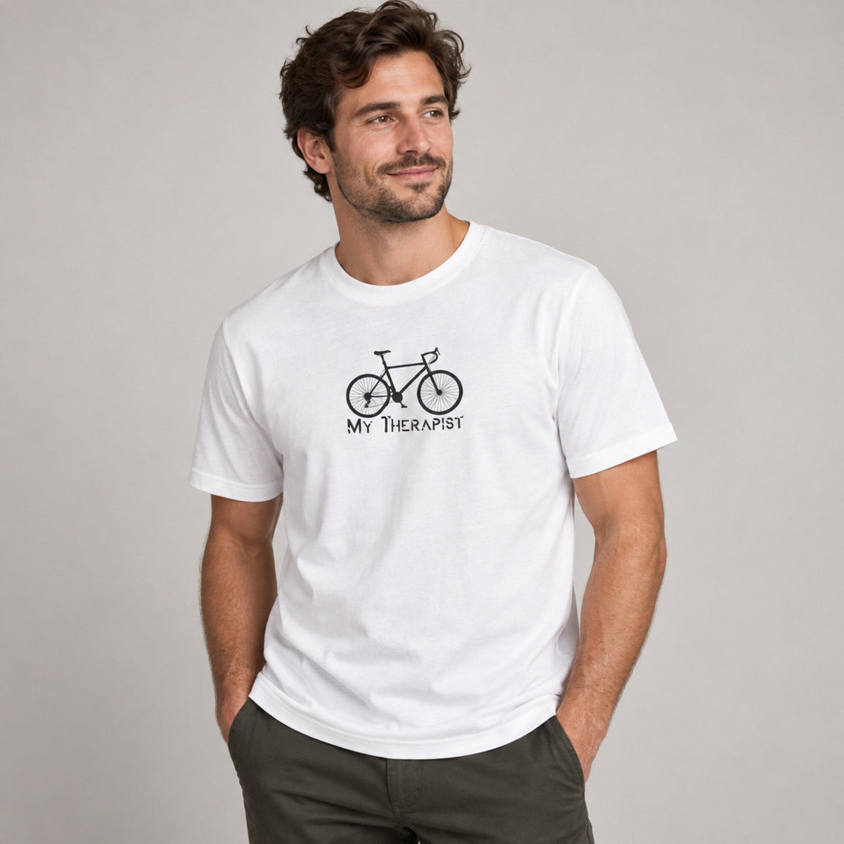 My Therapist Cycling Unisex Printed T-Shirt — worn on model, front