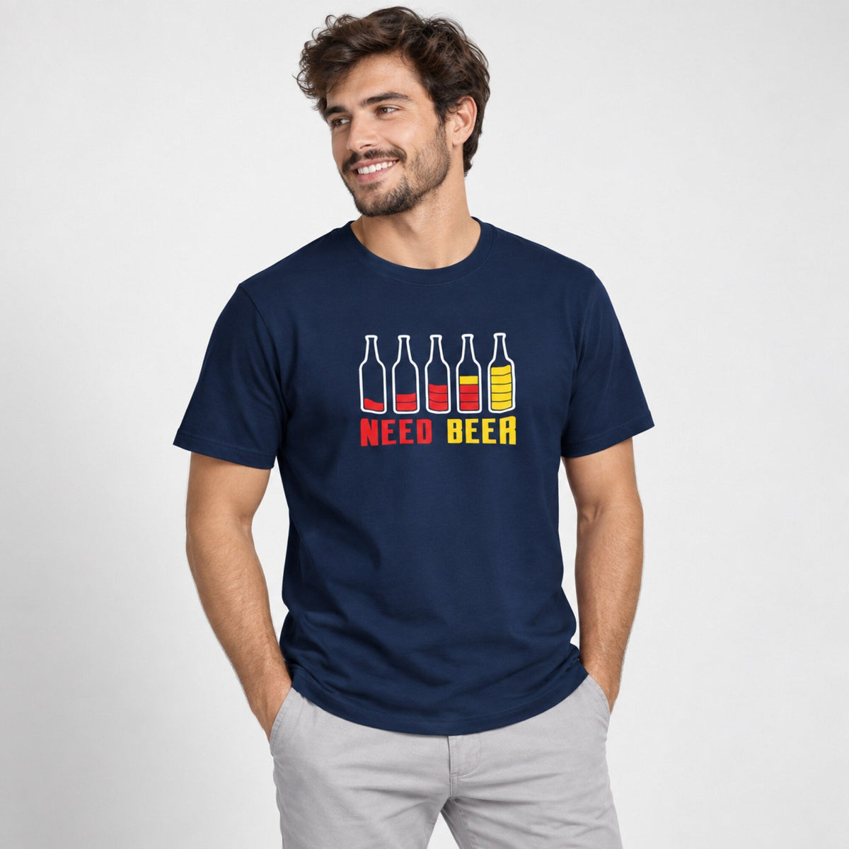 NEED BEER T-Shirt — worn on model, front