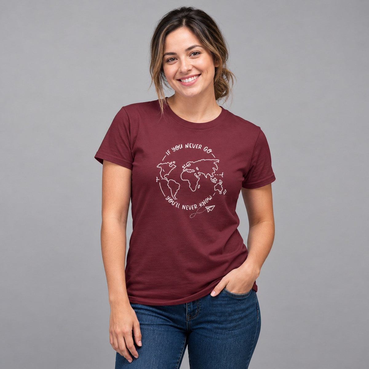 Never Go Never Know Unisex T-Shirt — worn on model, front