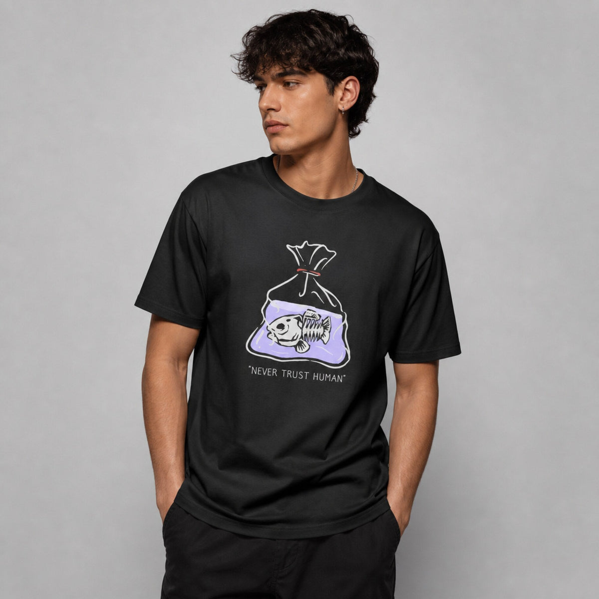 Never Trust Human Unisex Streetwear Tee — worn on model, front