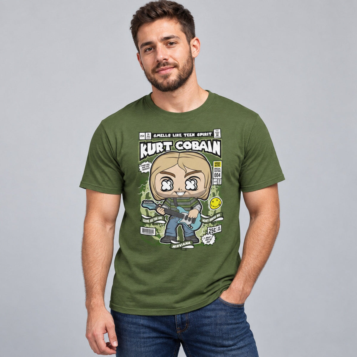 Kurt Cobain Teen Spirit Comic Tee — worn on model, front