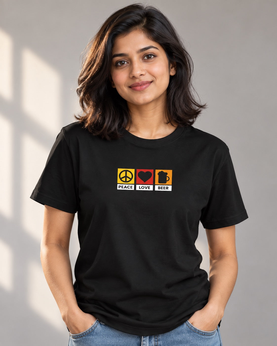 Peace Love Beer T-shirt, on-model front
