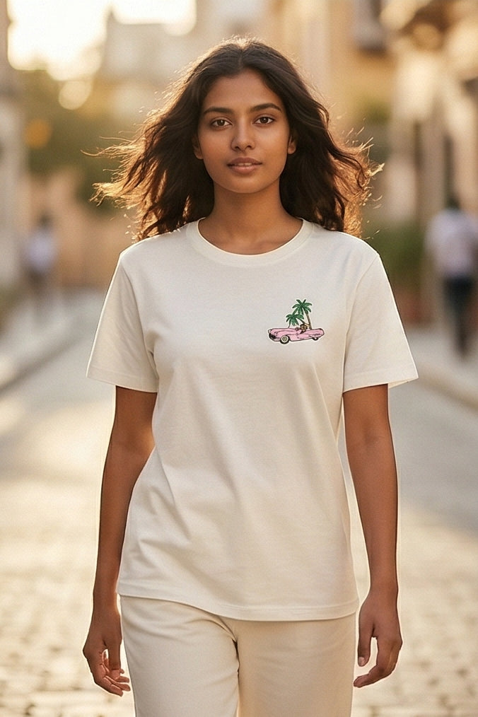 Palm Drive Embroidered Off-White Classic Crew T-Shirt — product photo 4