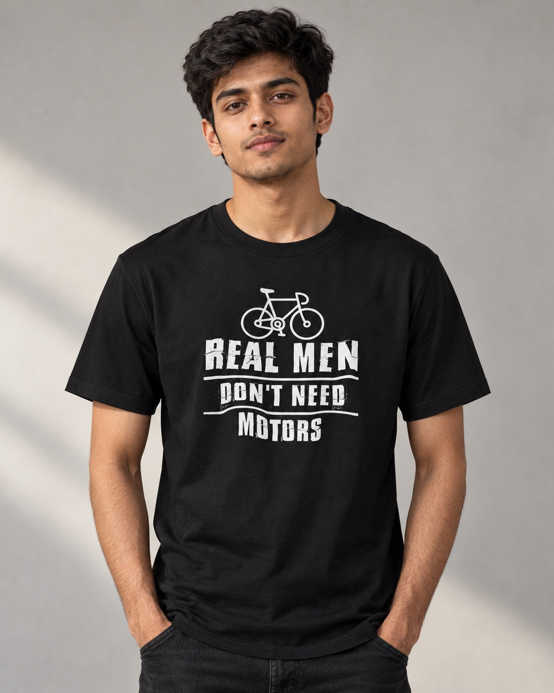 Real Men Don't Need Motors Unisex Cycling T-Shirt, on-model front