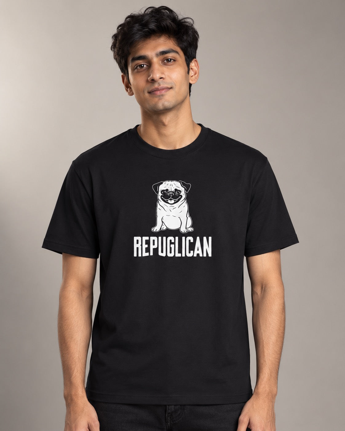 Repugnican black pug graphic tee on male model, front view