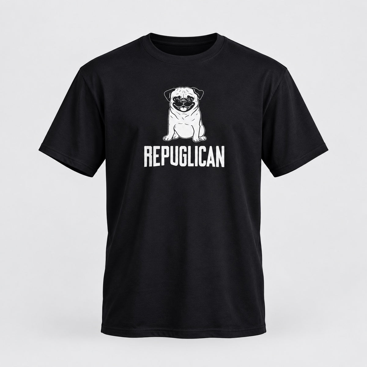 Repugnican black pug graphic tee, ghost mannequin front