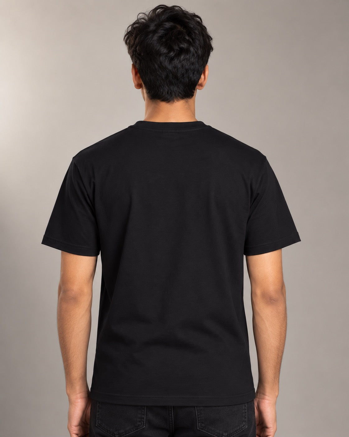 Repugnican black tee on male model, plain back view