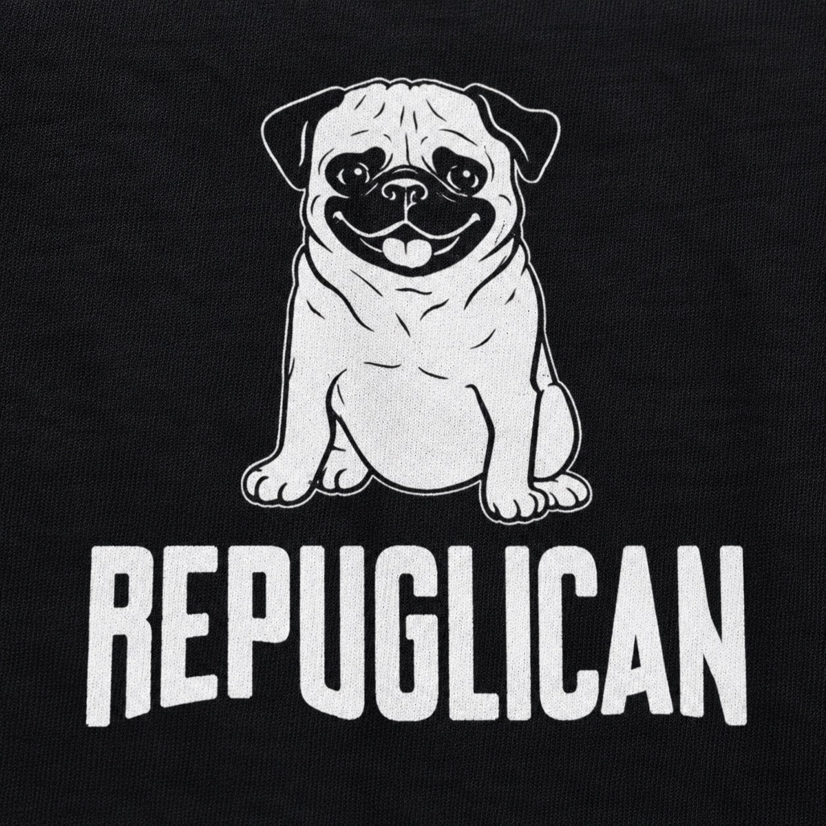 Repugnican white pug illustration and lettering, cotton print close-up