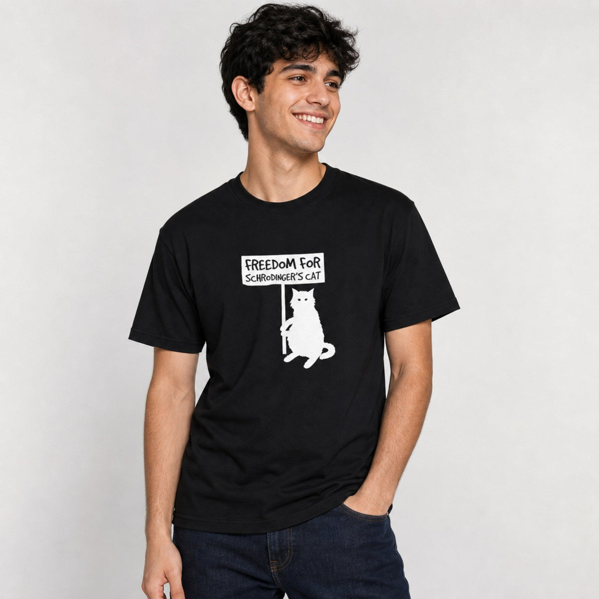 Freedom for Schrodinger's Cat Unisex T-Shirt — worn on model, front