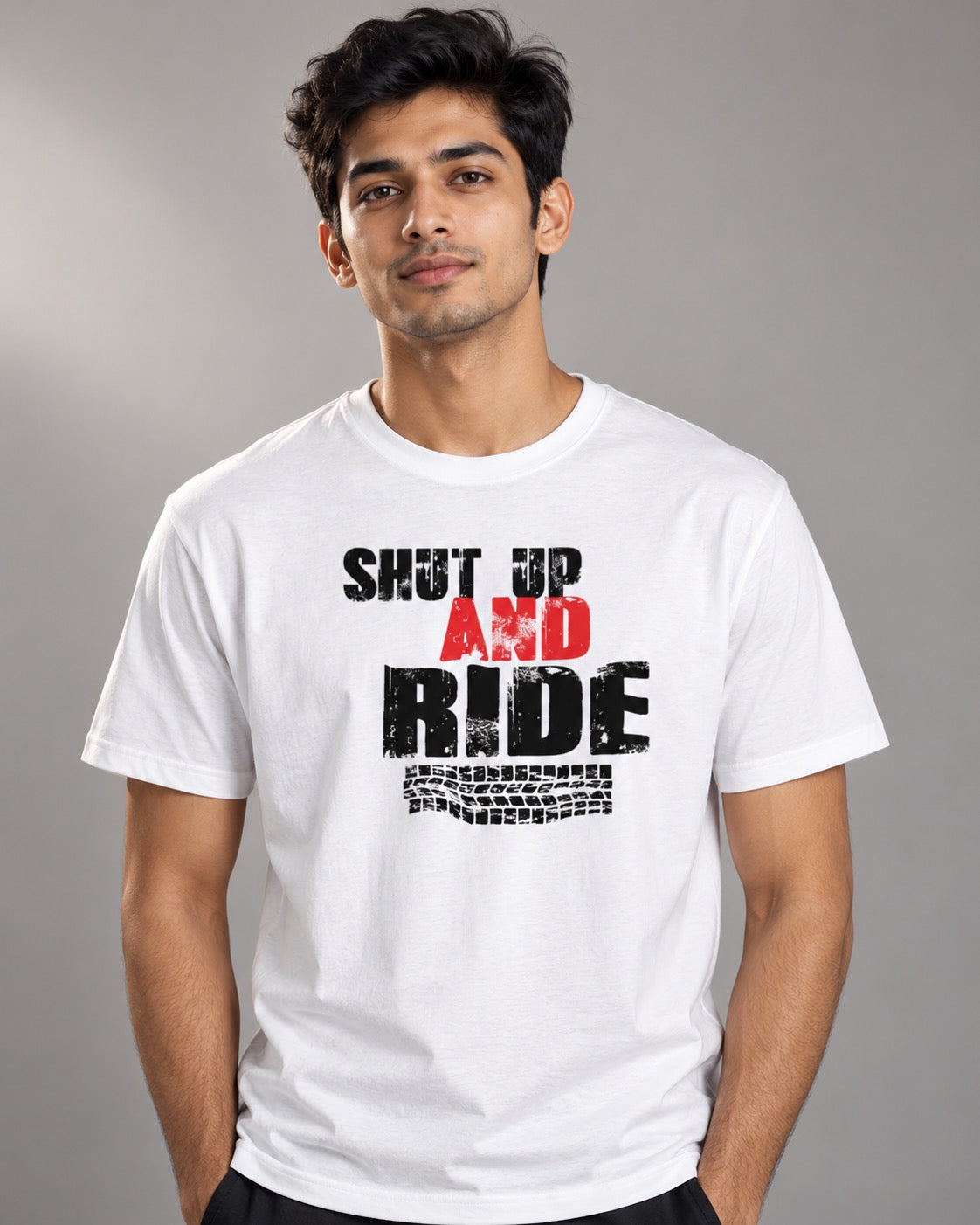 Shut Up and Ride Unisex Printed T-Shirt, on-model front