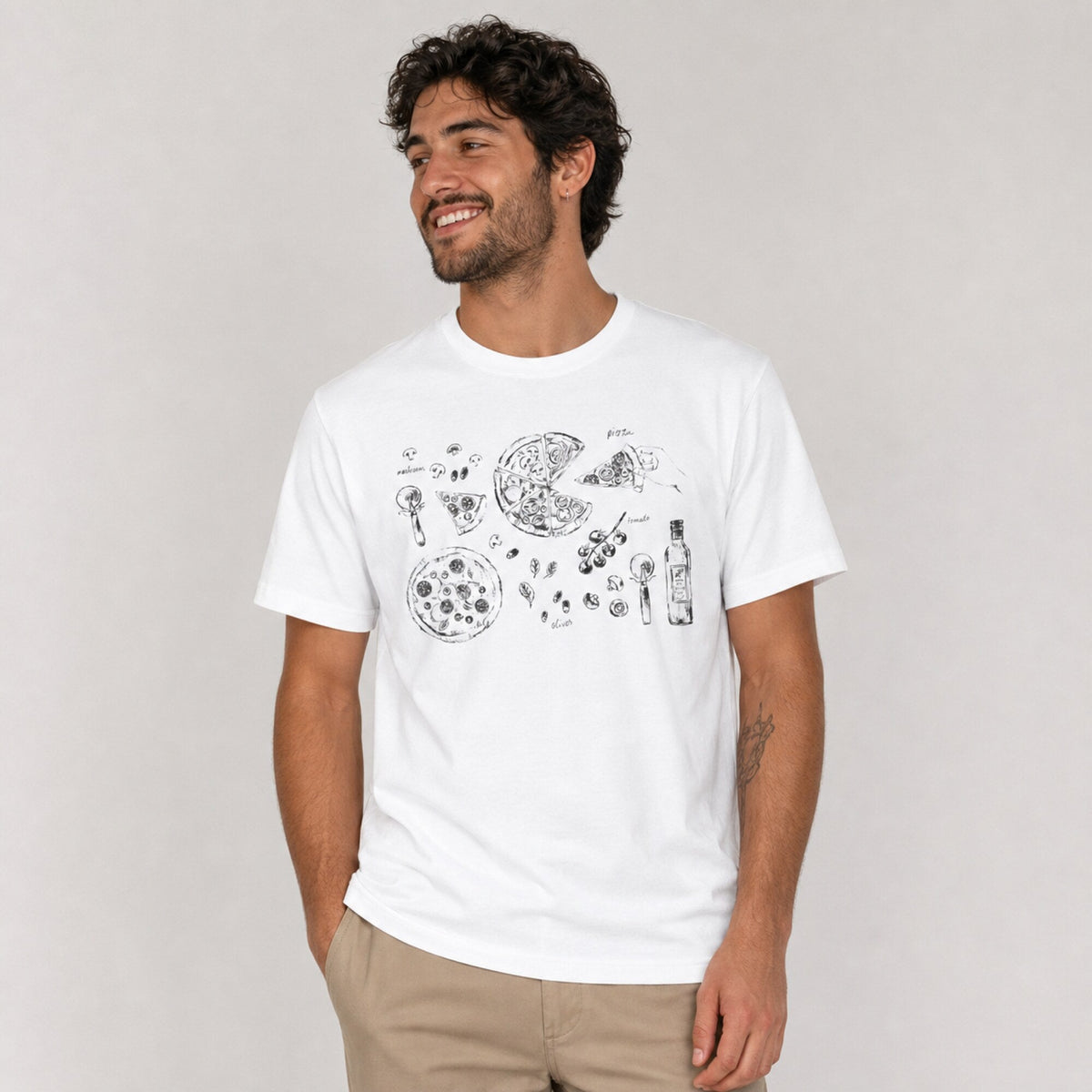 Slice, Slice Baby! Pizza Print T-Shirt — worn on model, front
