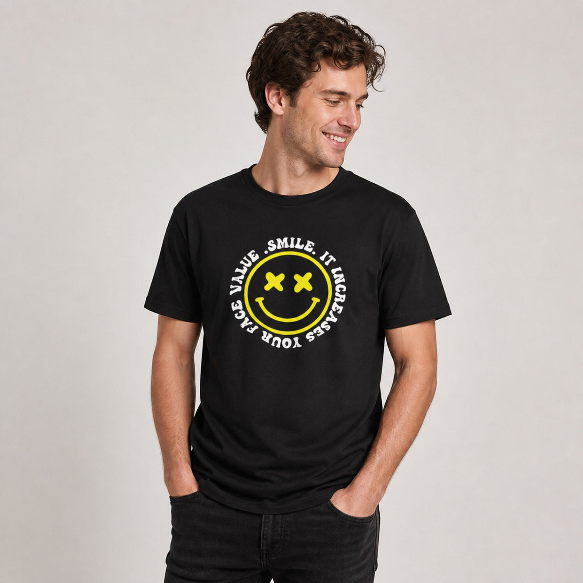 Smile Value Boost Unisex Streetwear T-Shirt — worn on model, front