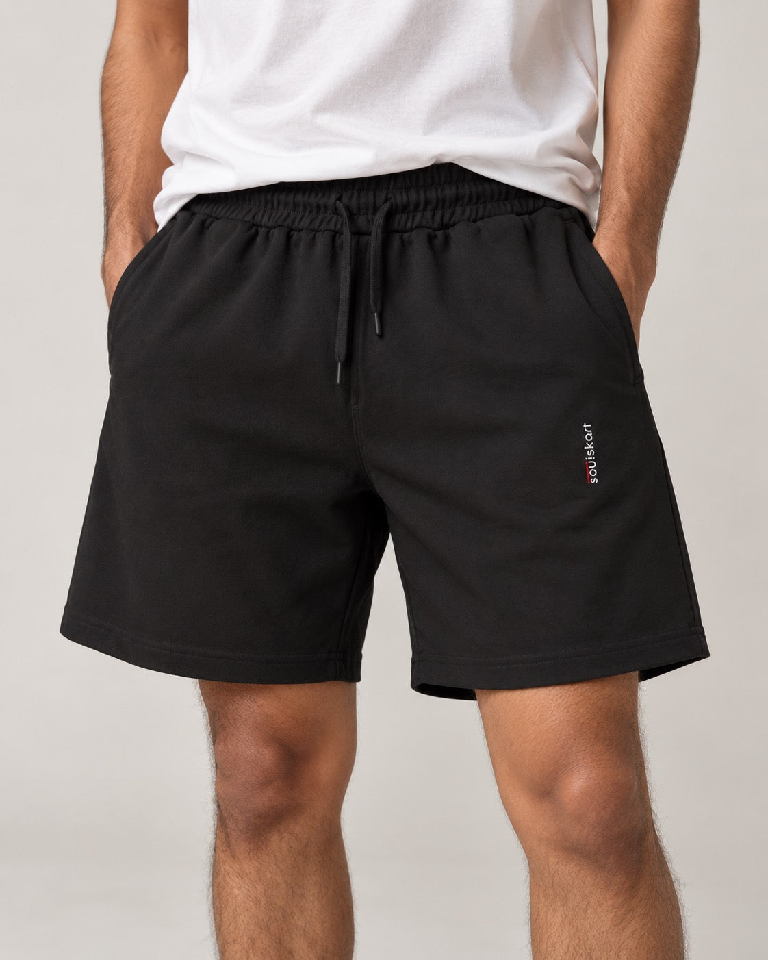 Soulskart Slouch Unisex Embroidered Shorts, on-model shorts front