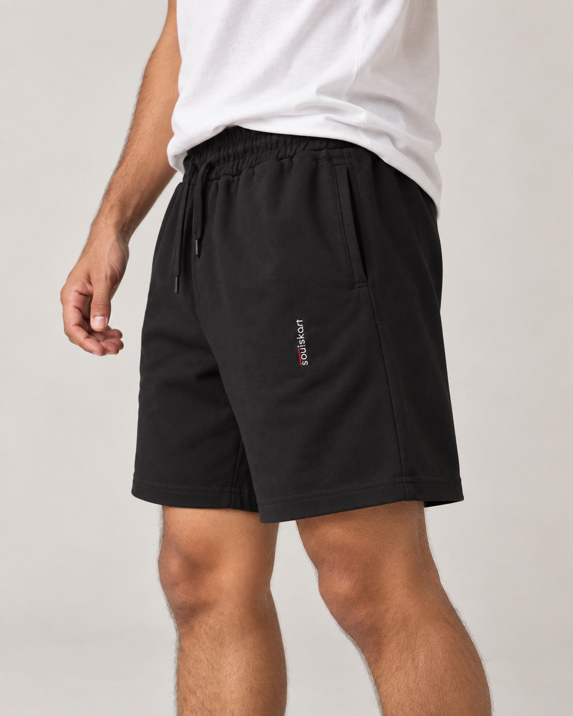 Soulskart Slouch Unisex Embroidered Shorts, on-model shorts side
