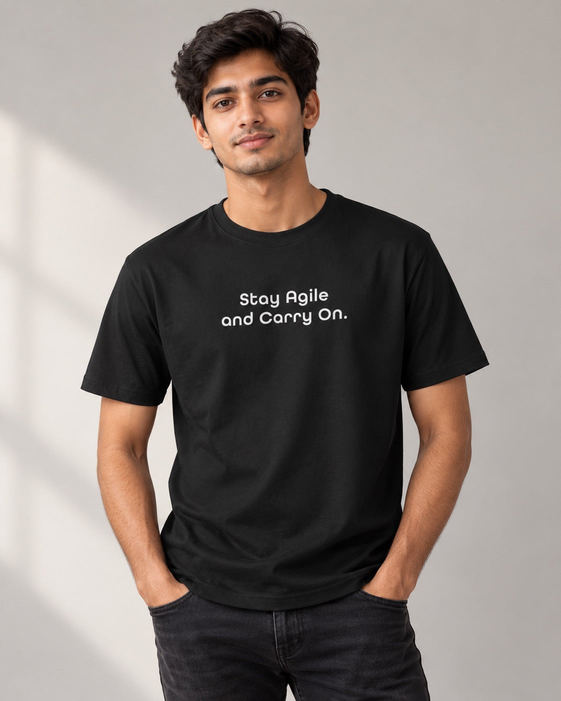 Stay Agile and Carry On Product Manager Tee, on-model front