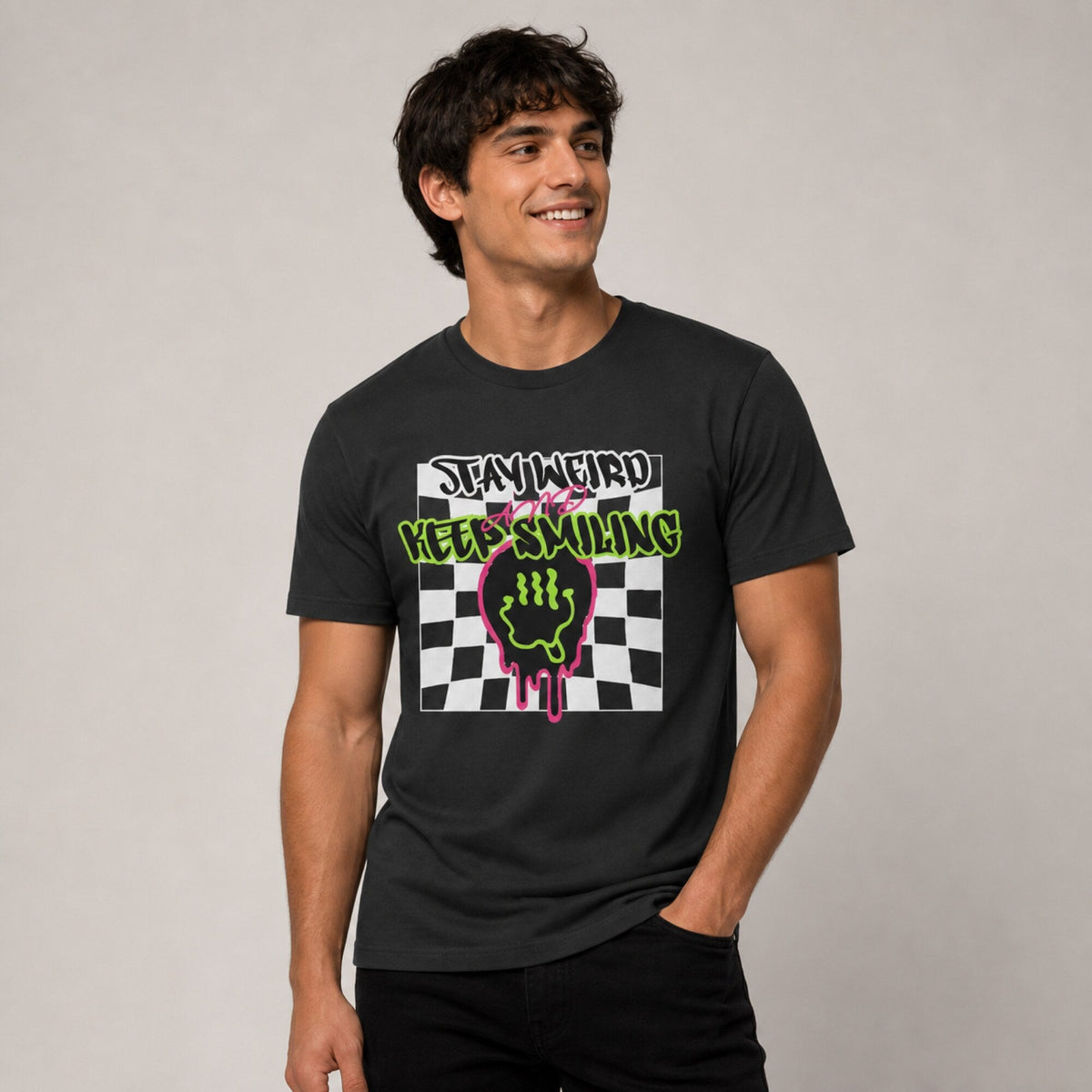 Stay Weird & Keep Smiling Unisex Streetwear T-Shirt — worn on model, front