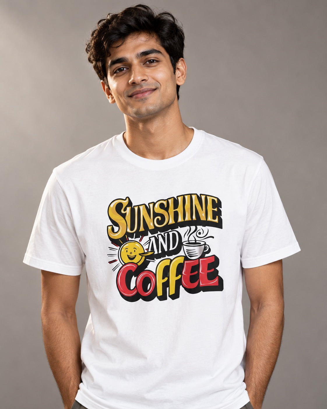 Indian male model wearing the white Sunshine and Coffee T-shirt, front view