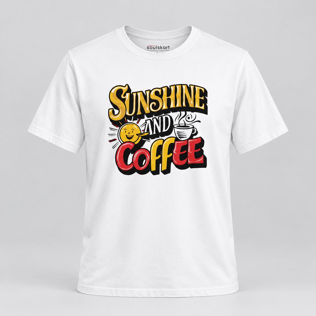 White Sunshine and Coffee T-shirt, ghost mannequin front view
