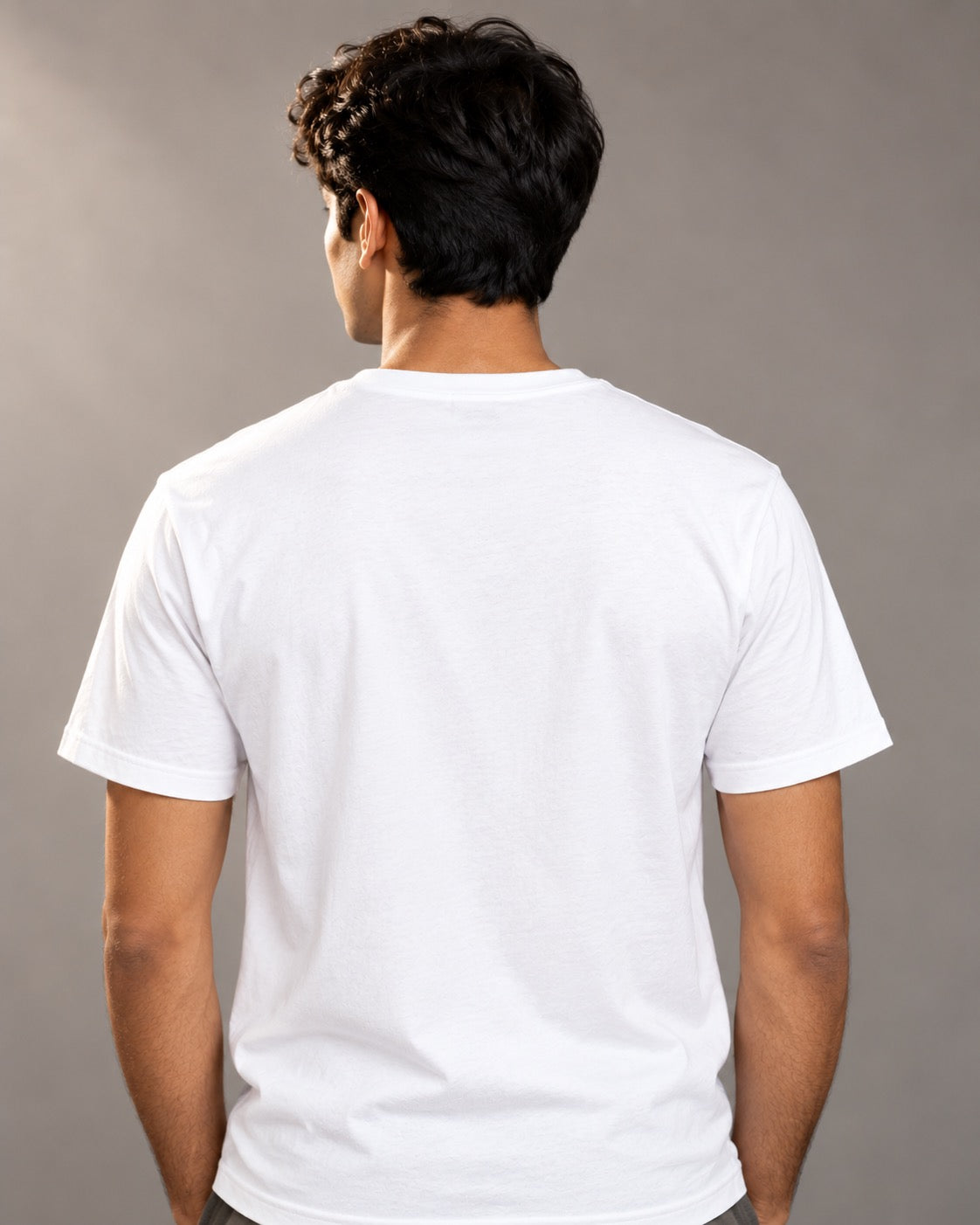 Plain back of the white Sunshine and Coffee T-shirt on a male model