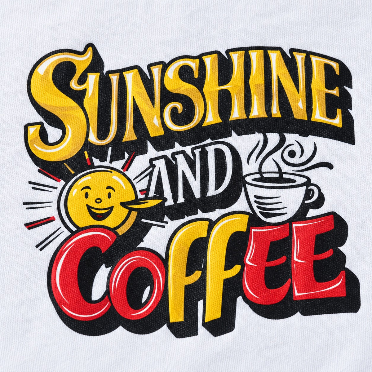 Close-up of the yellow and red Sunshine and Coffee artwork on white cotton