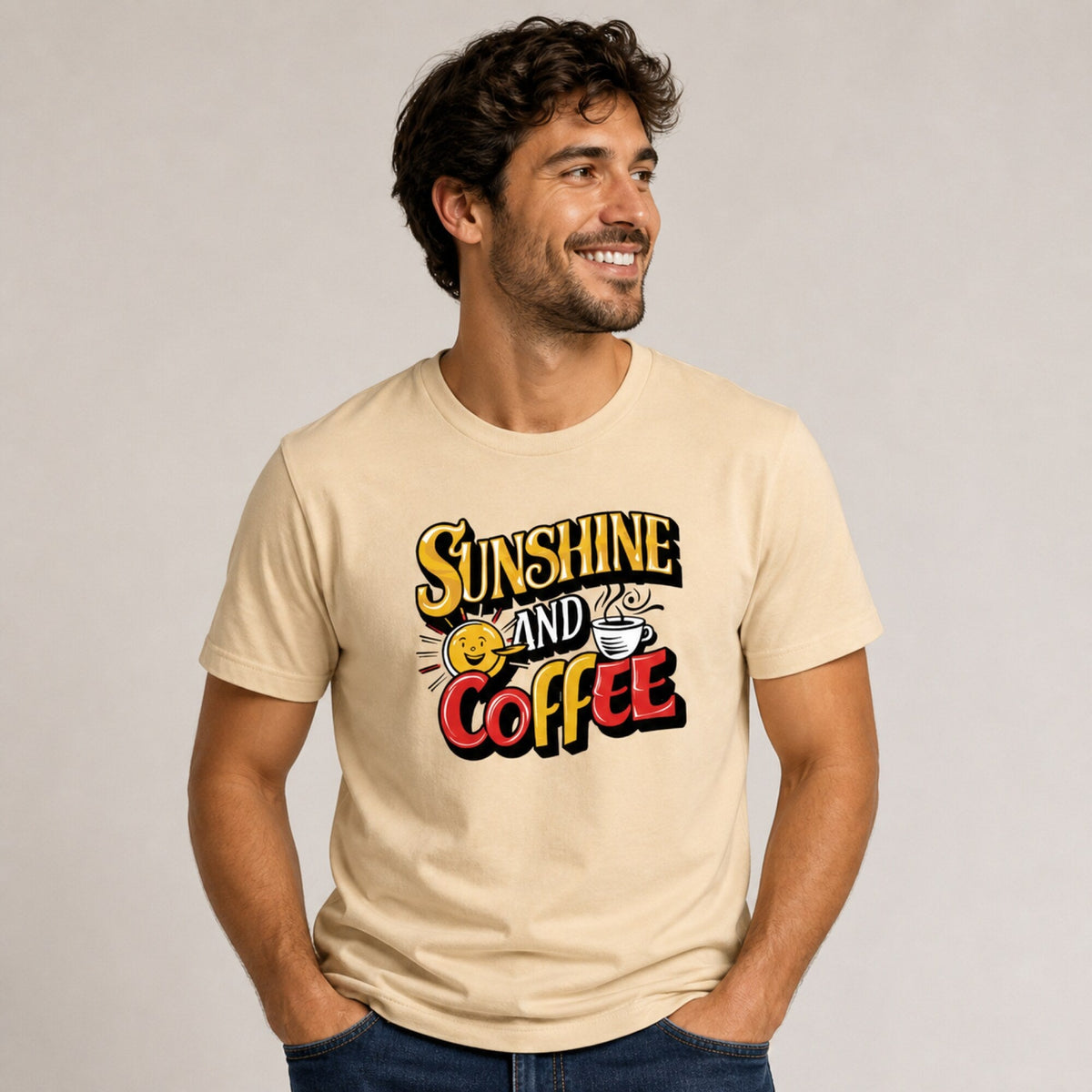 Sunshine and Coffee Tee — Sand — worn on model, front