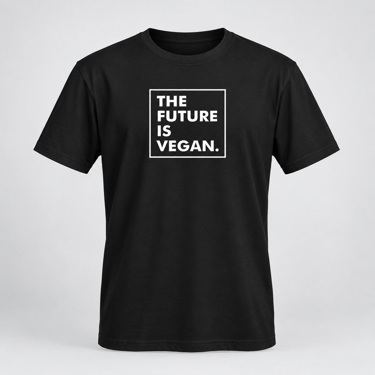 The Future Is Vegan black tee, ghost mannequin front