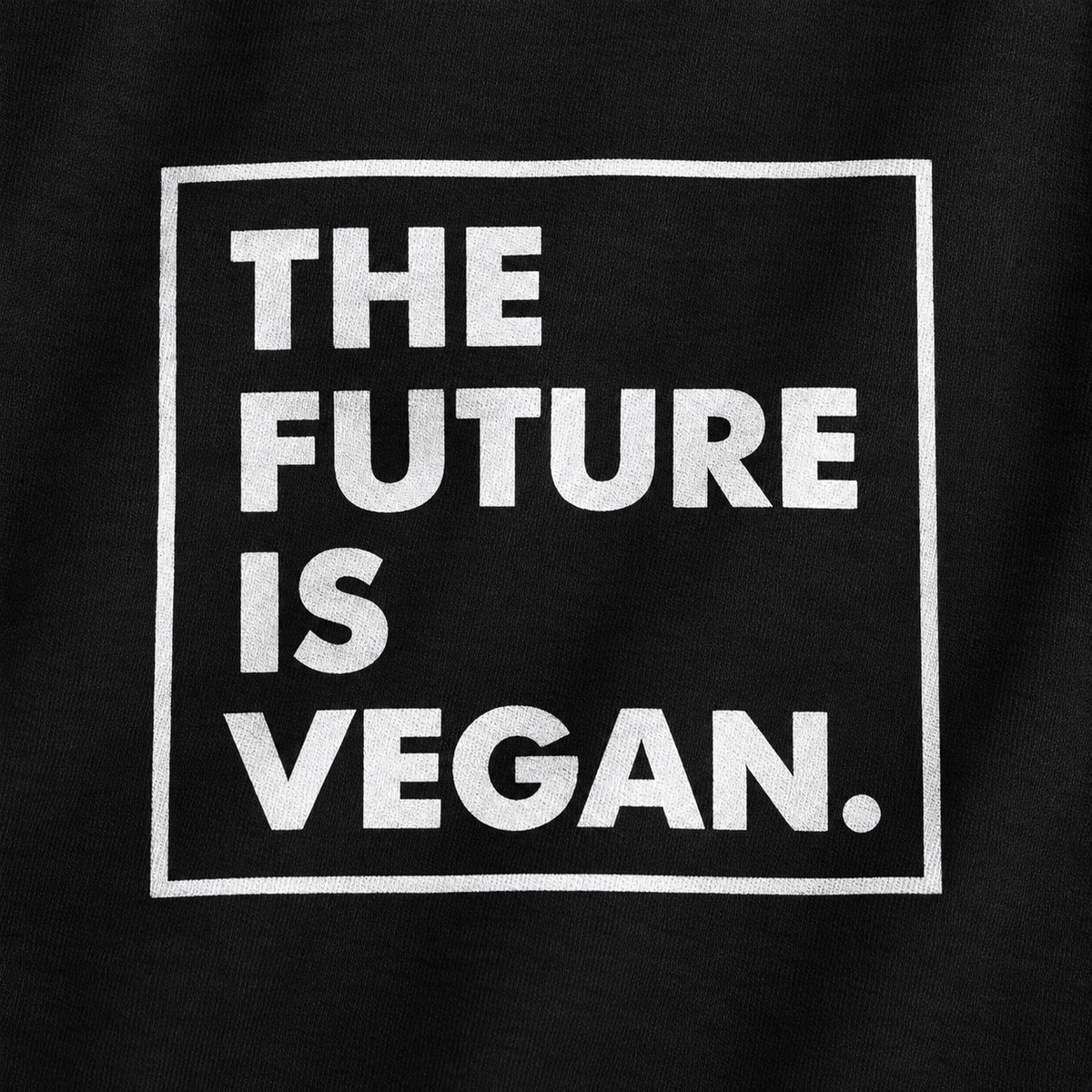 The Future Is Vegan white square graphic, cotton print close-up