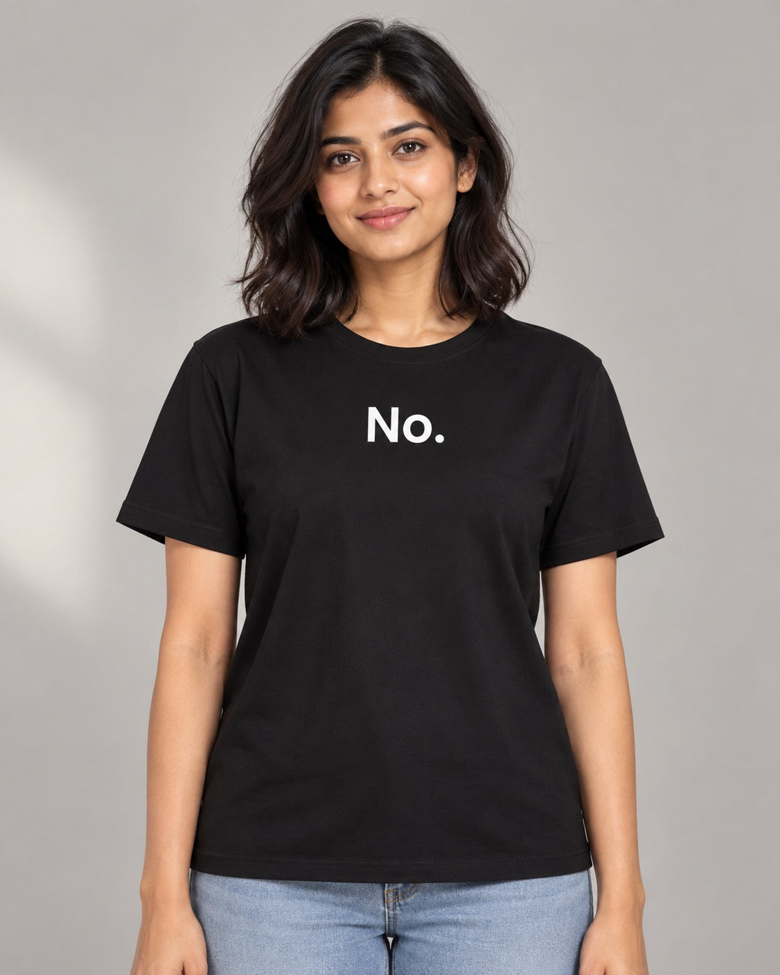 No. black graphic tee on female model, front