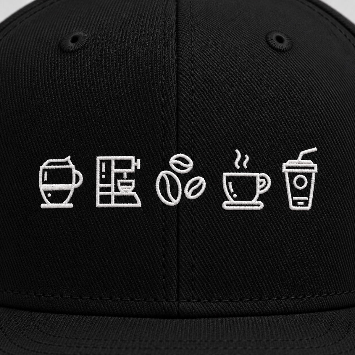 The Street Snap – Coffee Embroidered Snapback, coffee embroidery close-up
