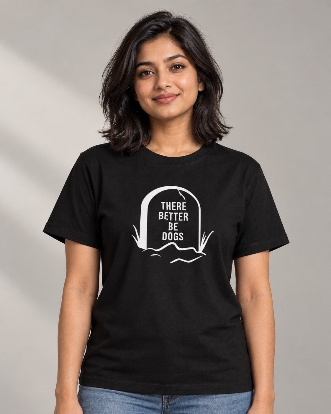 There Better Be Dogs black tombstone graphic tee on female model, front