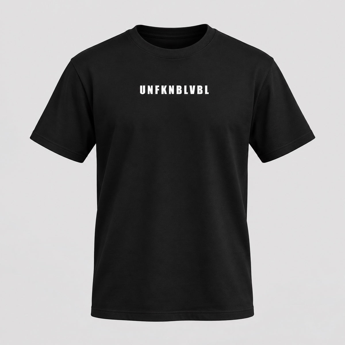 UNFKNBLVBL black tee, ghost mannequin front