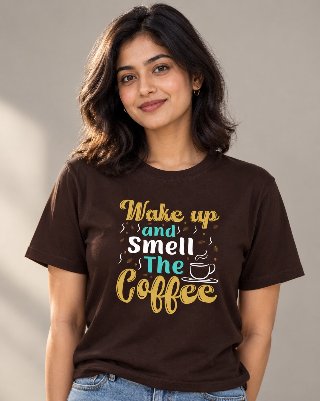 Indian woman wearing the brown Wake Up and Smell the Coffee T-shirt, front view