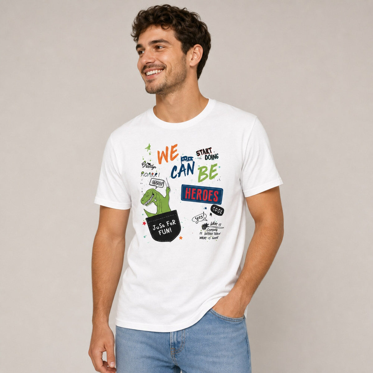 We Can Be Heroes Unisex Streetwear T-Shirt — worn on model, front