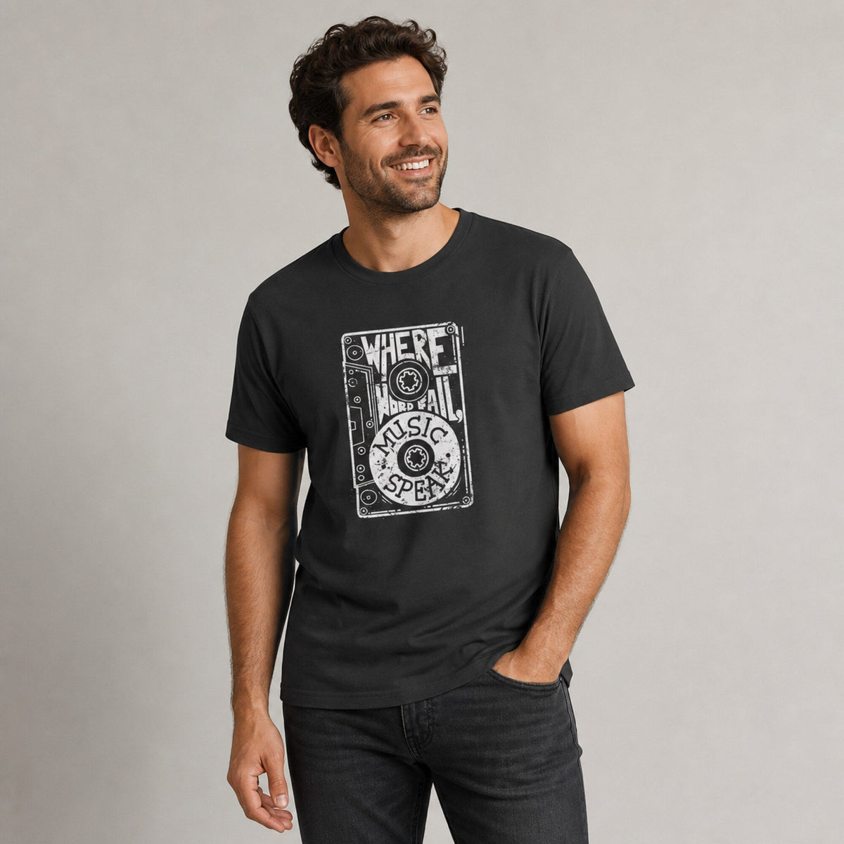 Where Words Fail, Music Speaks Unisex Streetwear Tee — worn on model, front
