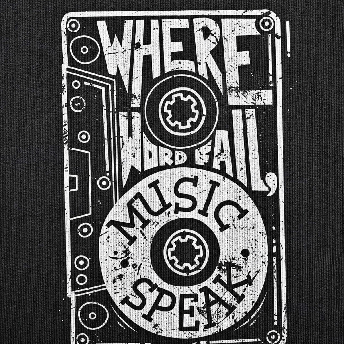 Where Words Fail, Music Speaks Unisex Streetwear Tee — print detail close-up