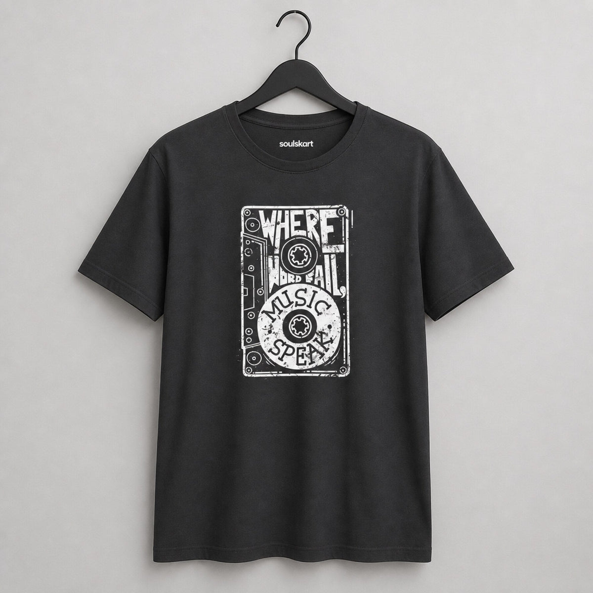 Where Words Fail, Music Speaks Unisex Streetwear Tee — on hanger