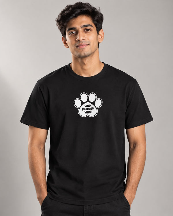 Who Rescued Who black paw graphic tee on male model, front