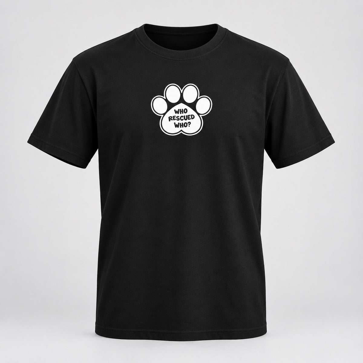 Who Rescued Who black tee, ghost mannequin front
