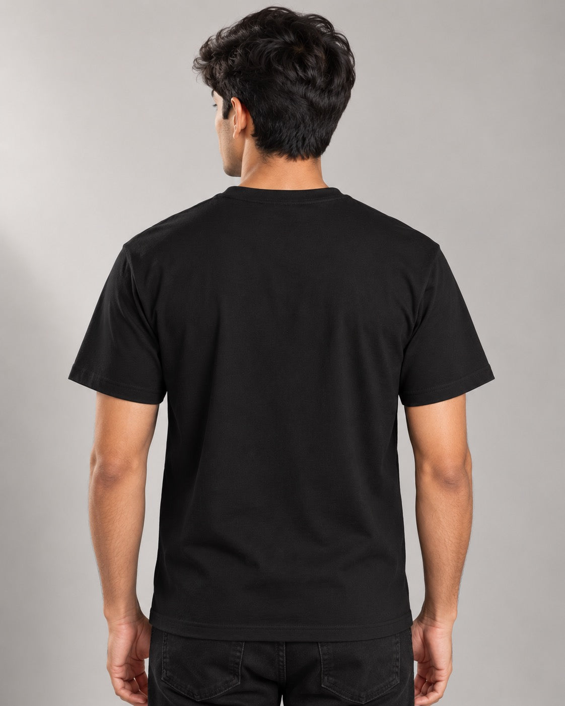 Who Rescued Who black tee on male model, plain back