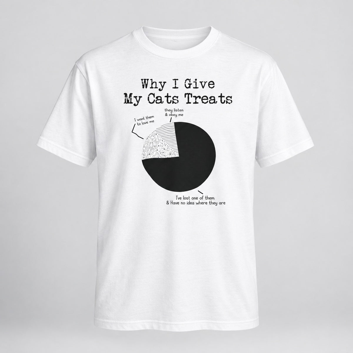 Why I Give My Cats Treats white tee, ghost mannequin front