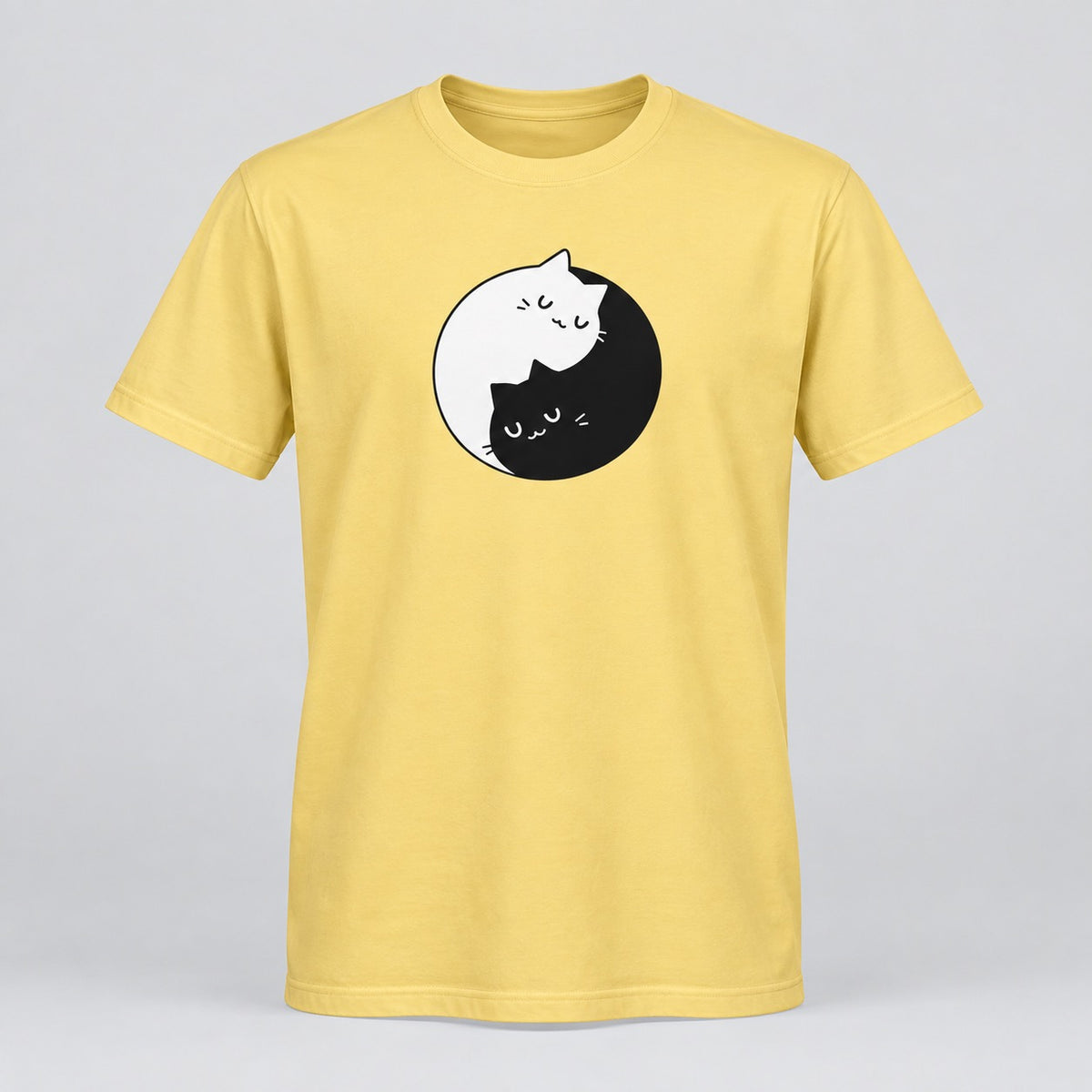 Yin Yang Cats yellow tee, ghost mannequin front