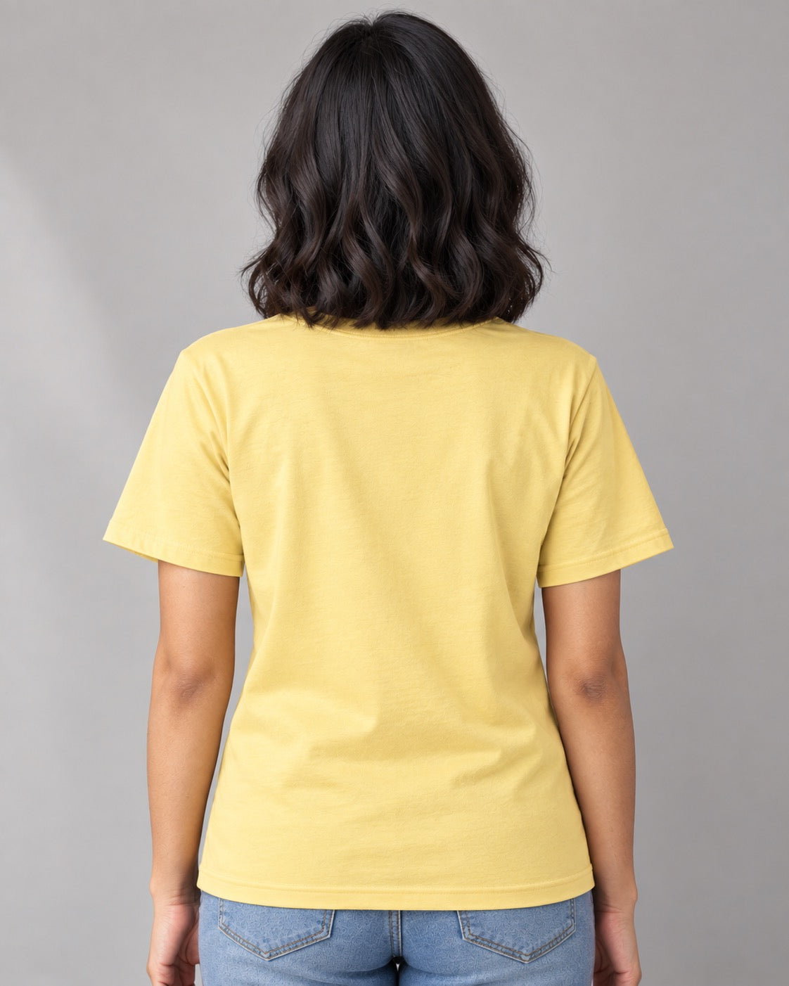 Yin Yang Cats yellow tee on female model, plain back